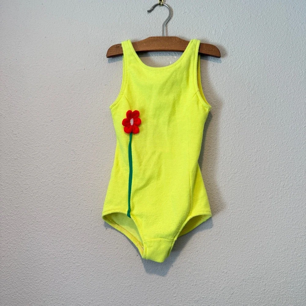 Kids Neon Yellow Sleeveless Leotard Bodysuit Red Flower Applique 3T